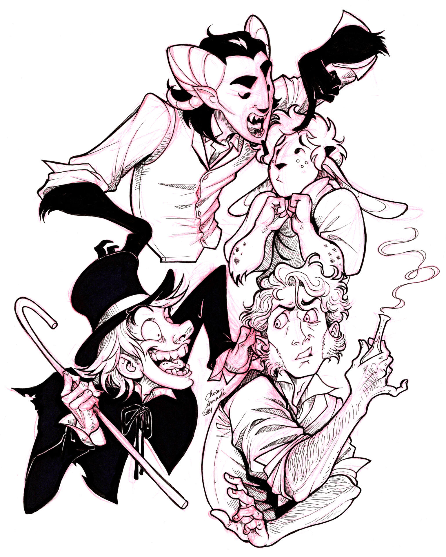 Hoofy Boys (2024) - Traditional art, red pencil, micron pen. Characters from my comic Hoof Fellas.