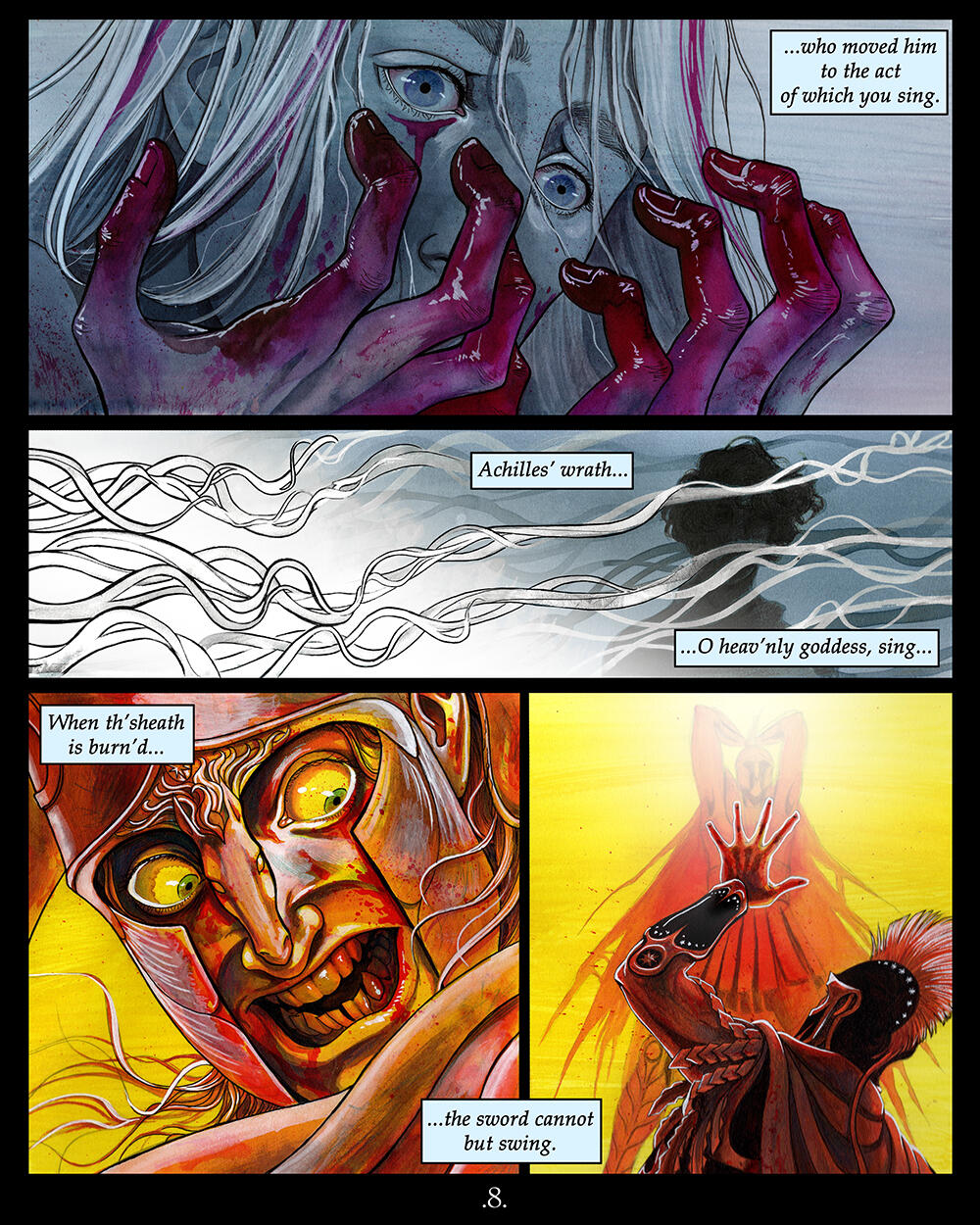 Achilles and Patroclus, page 8 (2024) - traditional ink painting, pencil, micron pen. Digitally altered slightly (lettering, panel divisions, white light in panels 3&4). Text by James Washburn.