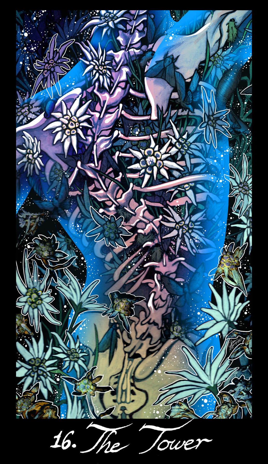 Major Arcana: The Tower (2023)- pencil, ink painting, multimedia (glued edelweiss), scanned and digitally manipulated. Part of the tarot deck I am creating.